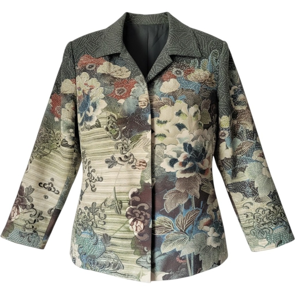 Nancy Bolen Blazer Women L Green Floral Silk Beaded Embroidered Art To Wear City